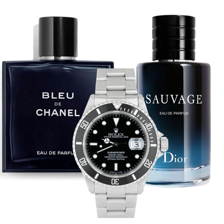 KIT 2 PERFUMES (SAUVAGE 100ML + BLEU CHANEL 100ML) + RELOJ ROLEX SUBMARINER PLATA NEGRO