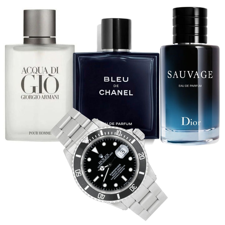 KIT 3 PERFUMES (ACQUA DI GIO 100 ML + BLEU CHANEL 100 ML + SAUVAGE 100ML) + RELOJ ROLEX SUBMARINER PLATA NEGRO