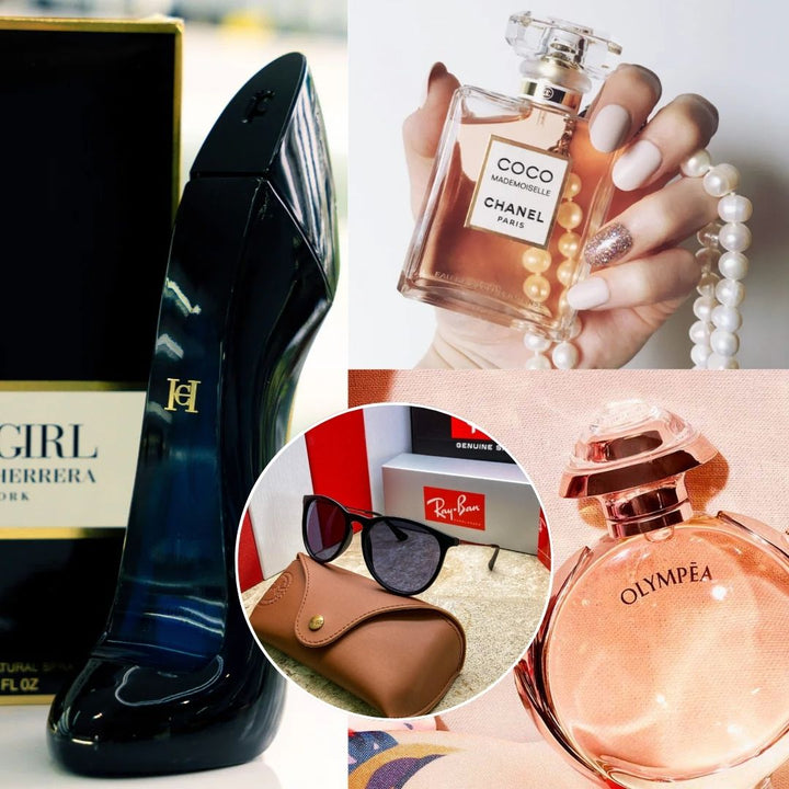 KIT PERFUMES (GOOD GIRL 80 ML + COCO MADEMOISELLE 100 ML + OLYMPEA 80 ML) + GAFAS RAYBAN NEGRAS PARA DAMA