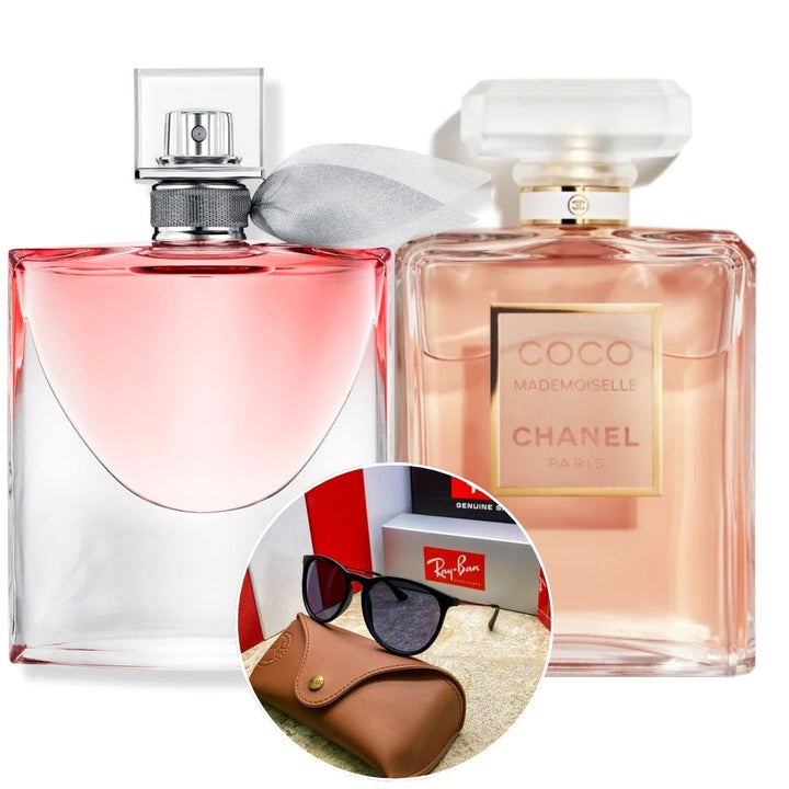 KIT PERFUMES (LA VIDA ES BELLA 75 ML + COCO MADEMOISELLE 100ML) + GAFAS RAYBAN NEGRAS DAMA