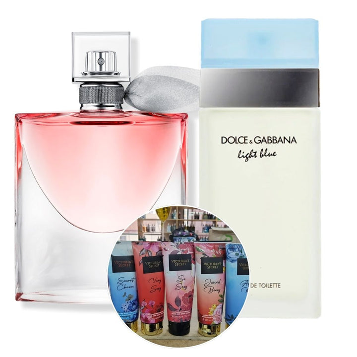 KIT 2 PERFUMES (LIGHT BLUE WOMAN 100ML + LA VIE EST BELLE 75ML) + CREMA CORPORAL VICTORIA SECRET