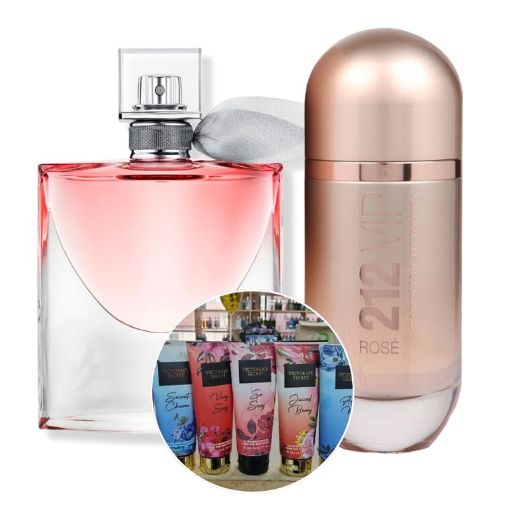 KIT 2 PERFUMES (LA VIE EST BELLE 75 ML + 212 VIP ROSE 80 ML) + CREMA CORPORAL VICTORIA SECRET 200ML