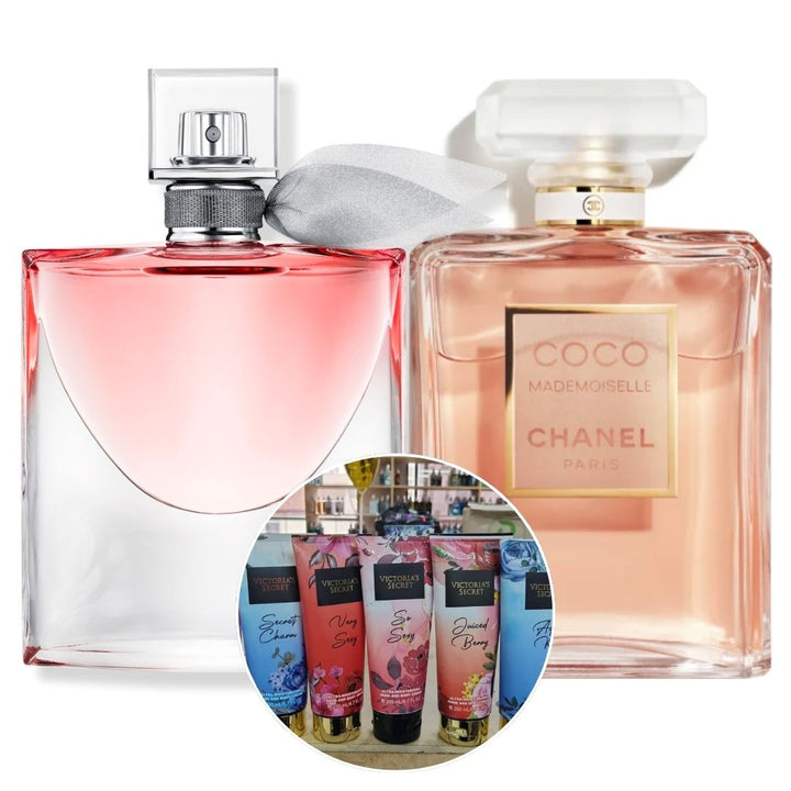 KIT 2 PERFUMES (COCO MADEMOISELLE 100 ML + LA VIE EST BELLE 75 ML) + CREMA VICTORIA SECRET 200 ML